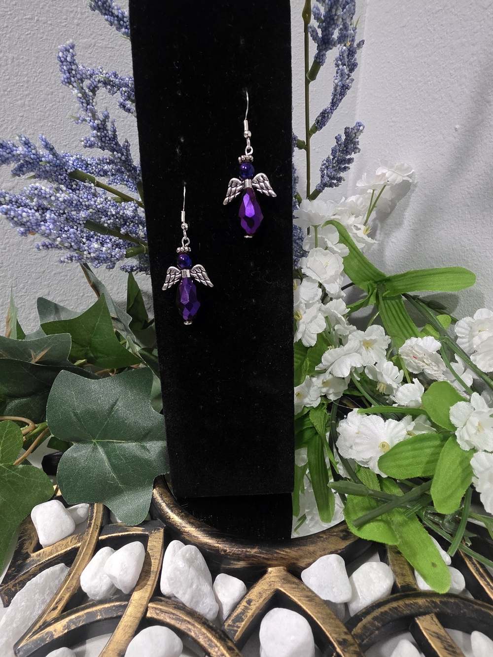 Hand Crafted Purple Crystal Angel Wing Drop Earrings